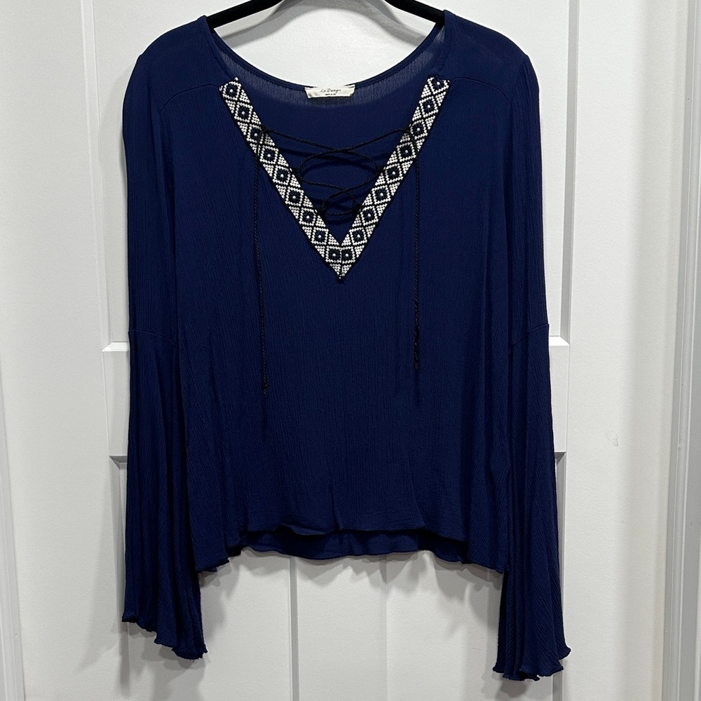 Women's Top with Lace-Up Detail & Bell Sleeves - Size Medium